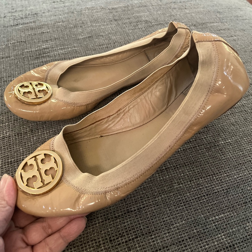 Tory Burch Tan Flats with Gold Logo